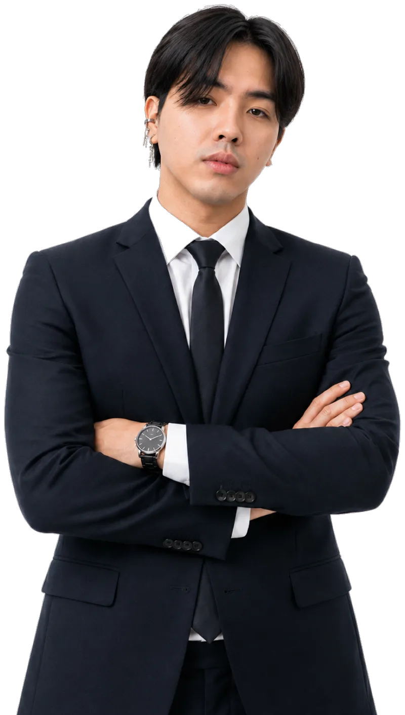 John Bryan Logdonio standing in a dark suit and tie with arms folded.