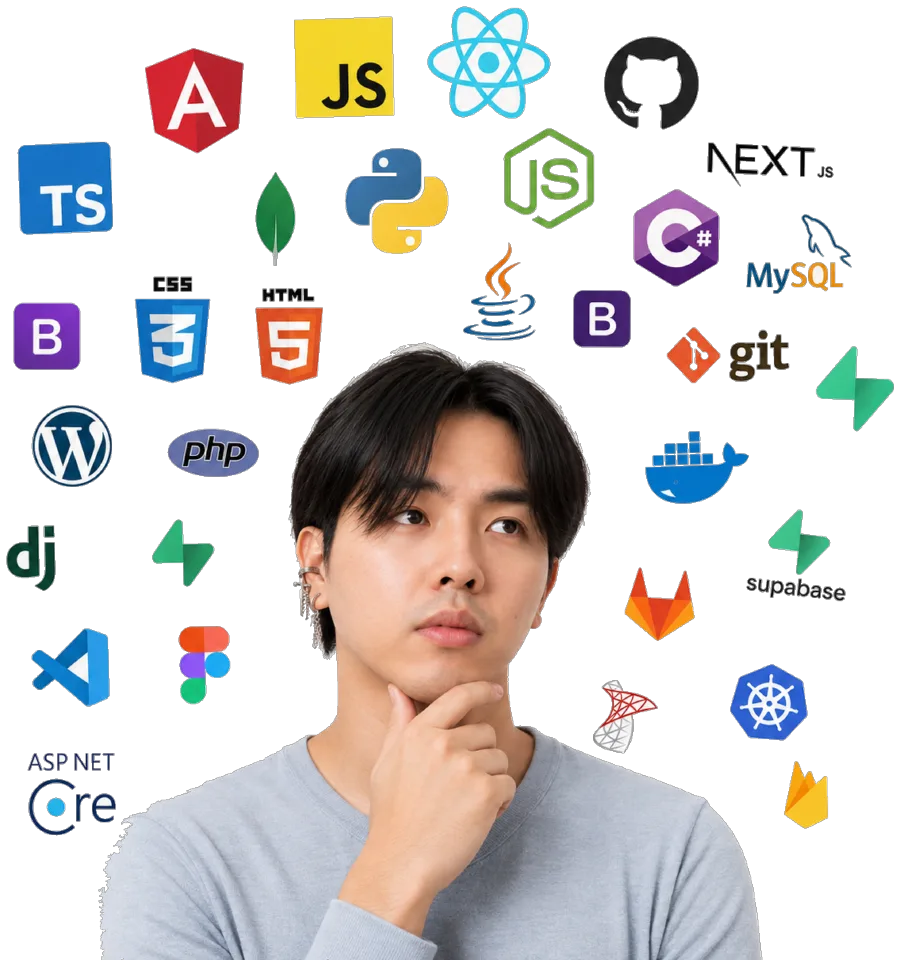 John Bryan Logdonio thinking, surrounded by the logos of the technologies he works with: Angular, TypeScript, C#, PostgreSQL, Docker, Git and others.