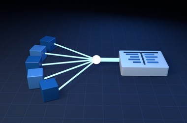Five module blocks feeding one glowing conduit into a ledger slab carved with a T-account.