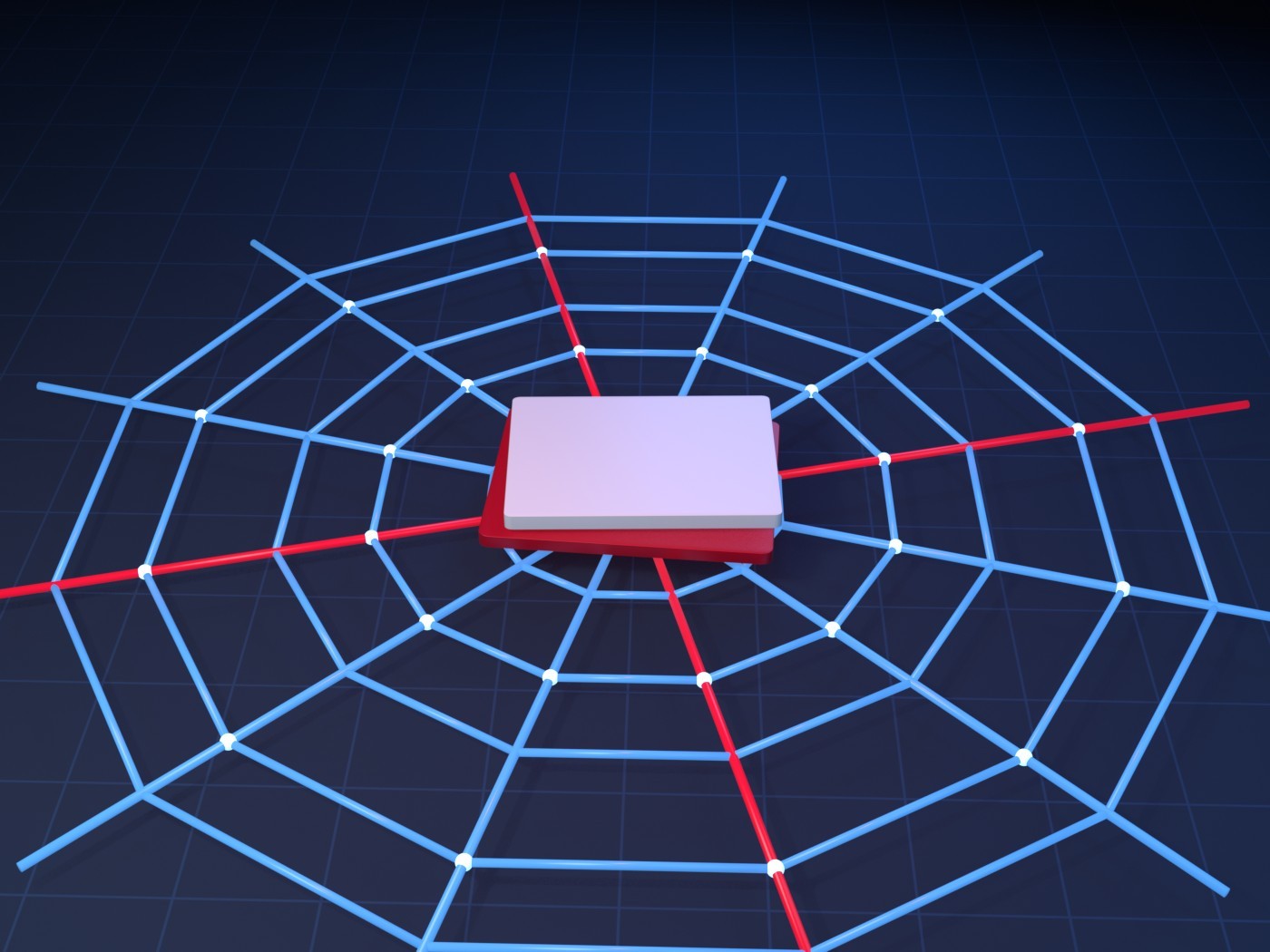 A blank white tile over a red frame at the centre of a blue geometric web lattice.