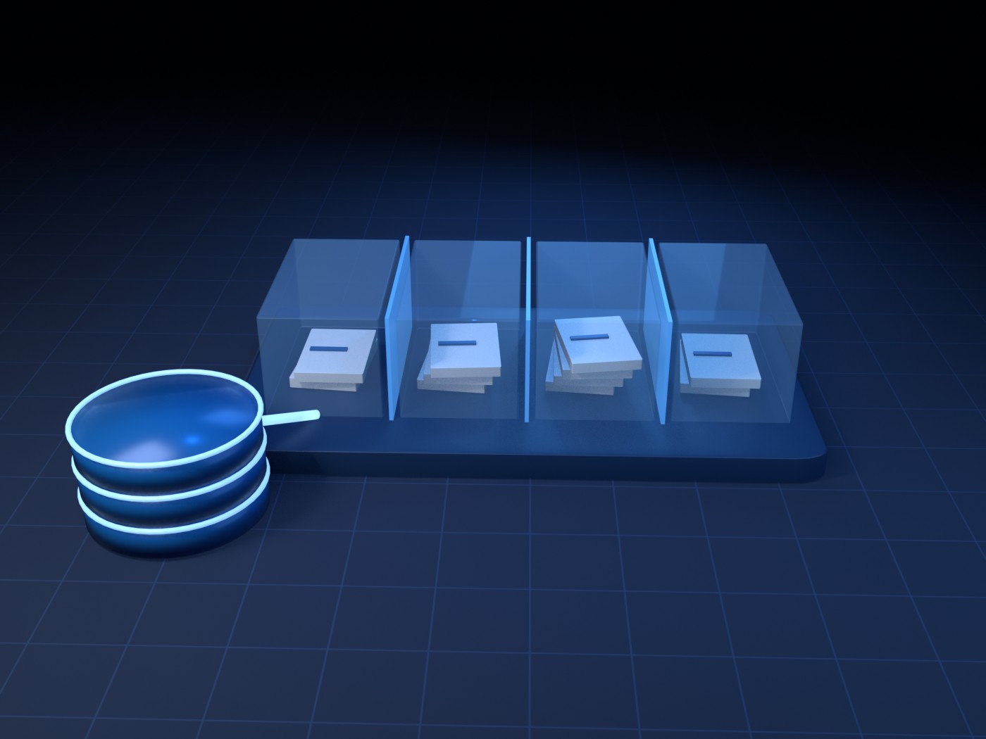 Four glass tenant cells on one shared platform, each holding its own ledger stack, wired to a single database.
