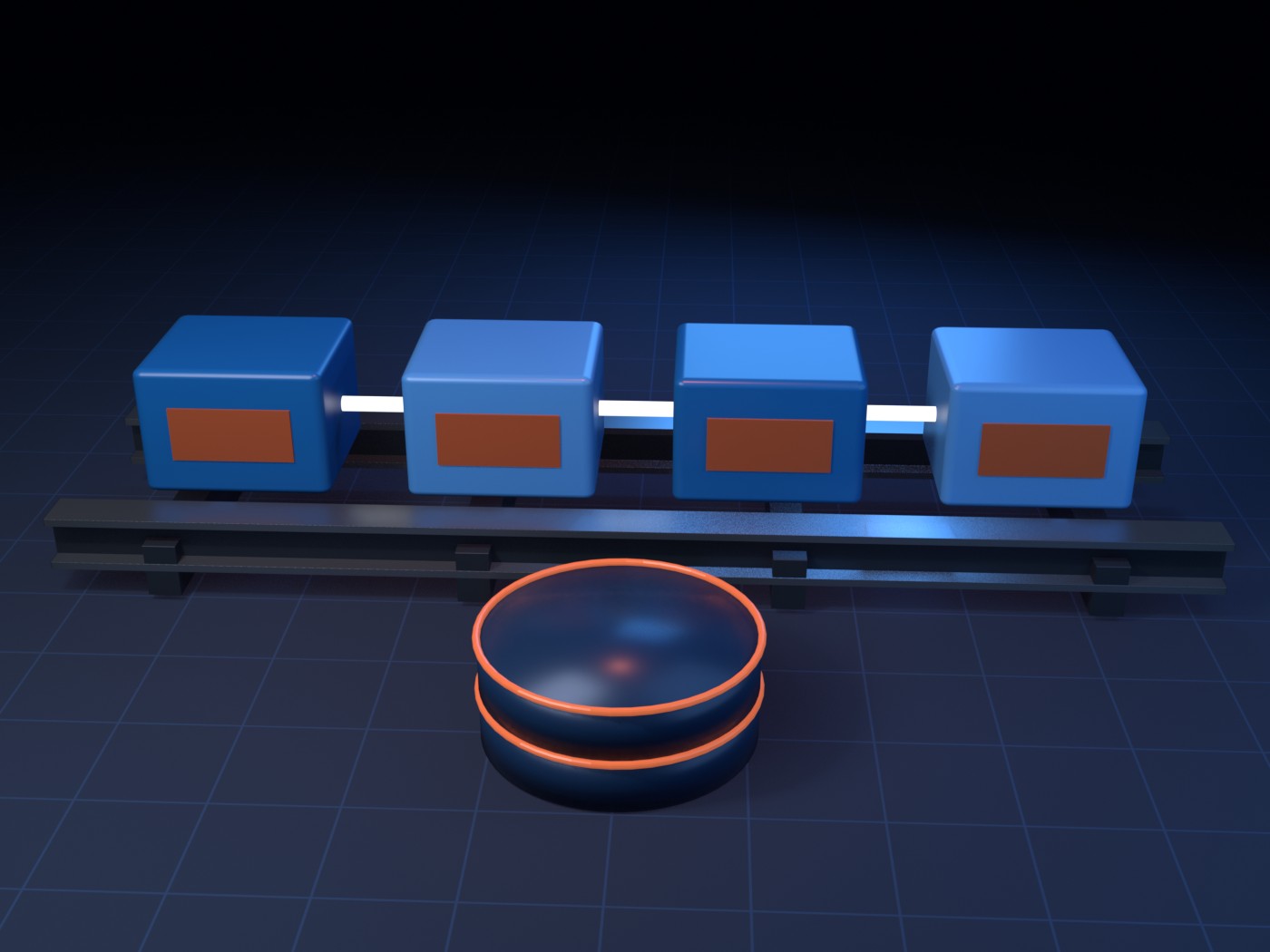 Four blue module blocks chained along steel I-beams, with a SQL data store beneath.