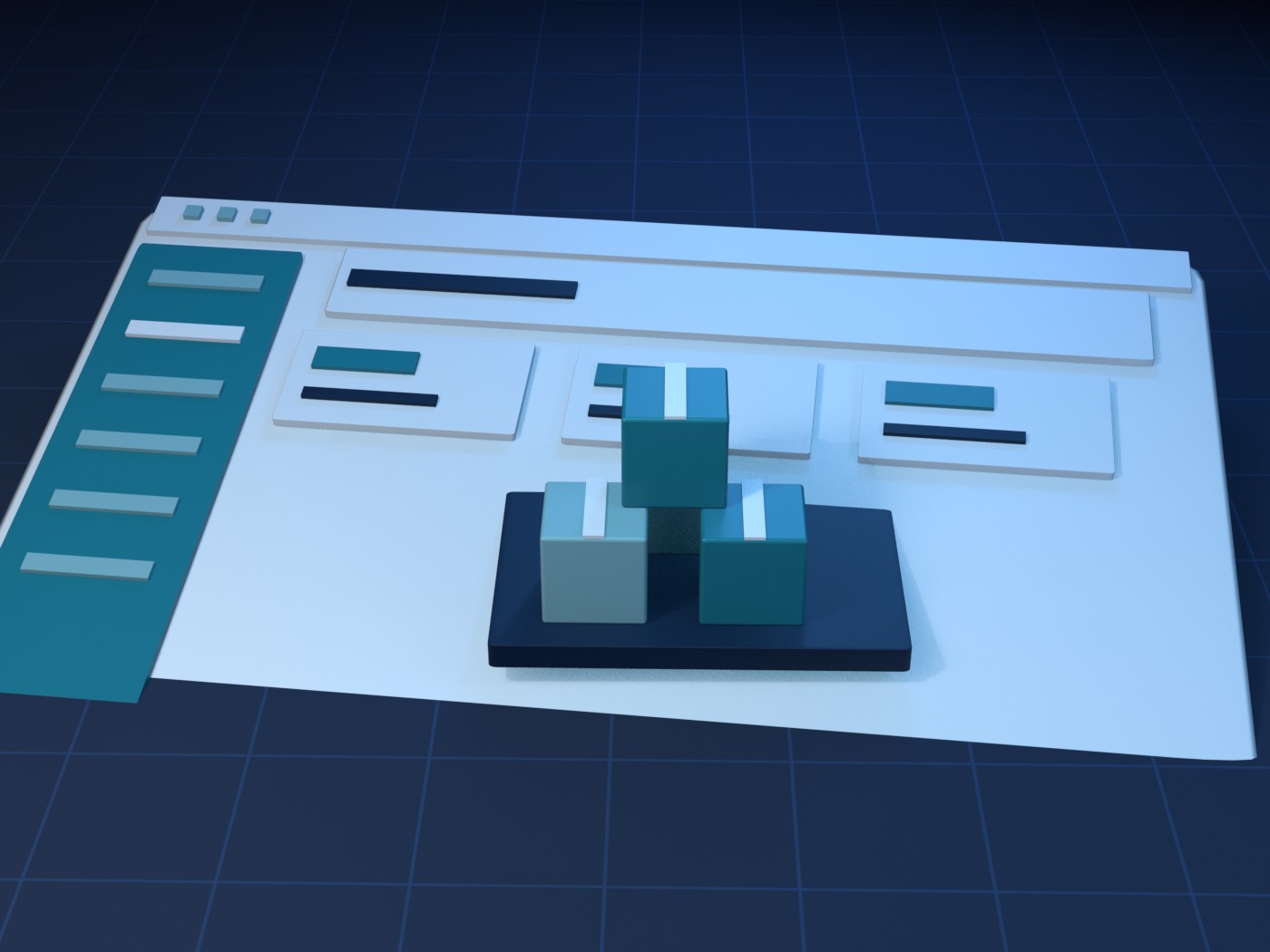 Illustrated cover for Paylalo Supply Chain: a dashboard window with a 3D boxes motif.