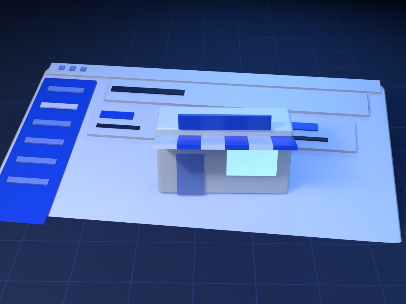 Illustrated cover for Playlalo App Store: a dashboard window with a 3D store motif.