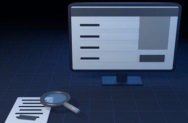 Illustrated cover for Evidence Uploader: a desktop window with a 3D magnifier motif.