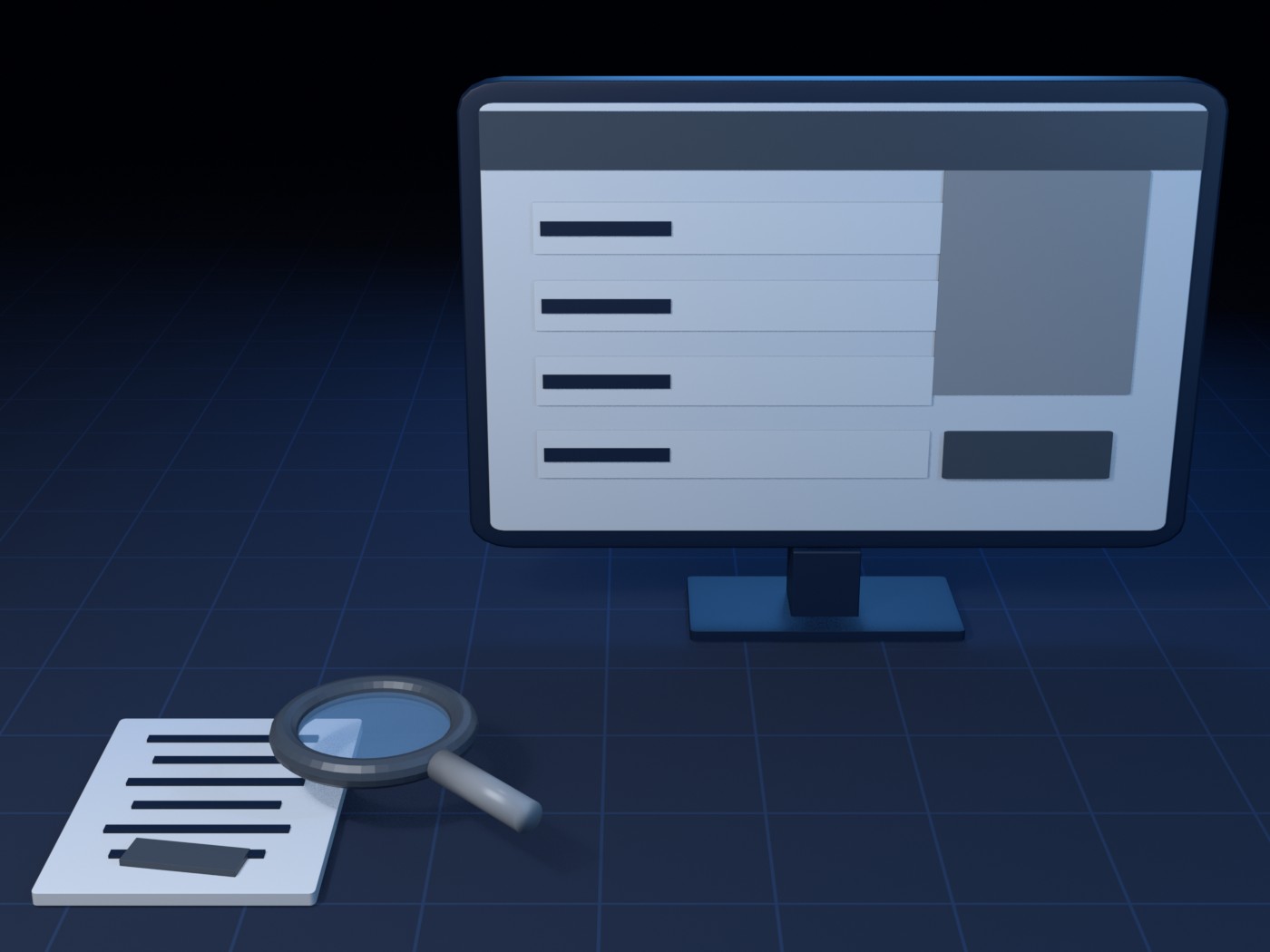 Illustrated cover for Evidence Uploader: a desktop window with a 3D magnifier motif.