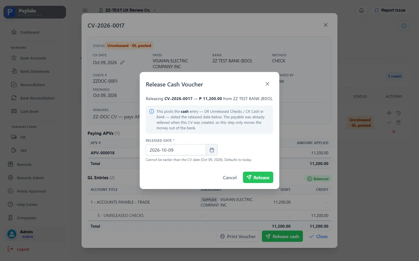 Release Cash Voucher dialog