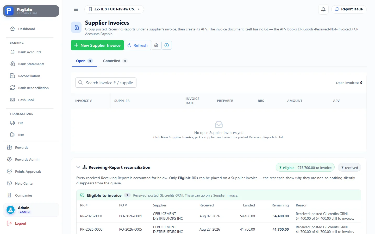 Supplier Invoices with the RR reconciliation