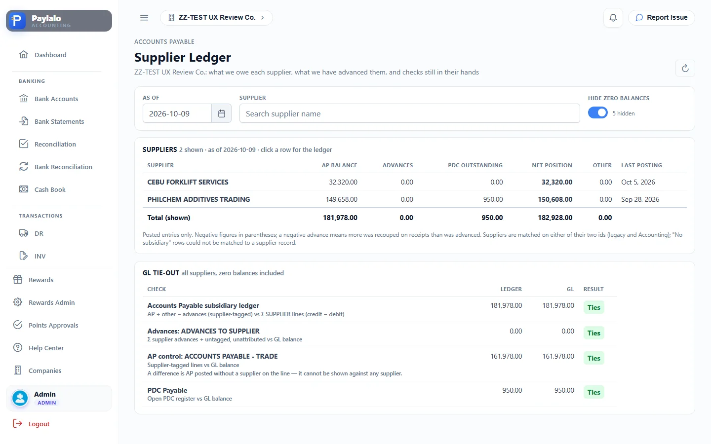 Supplier Ledger with the GL tie-out