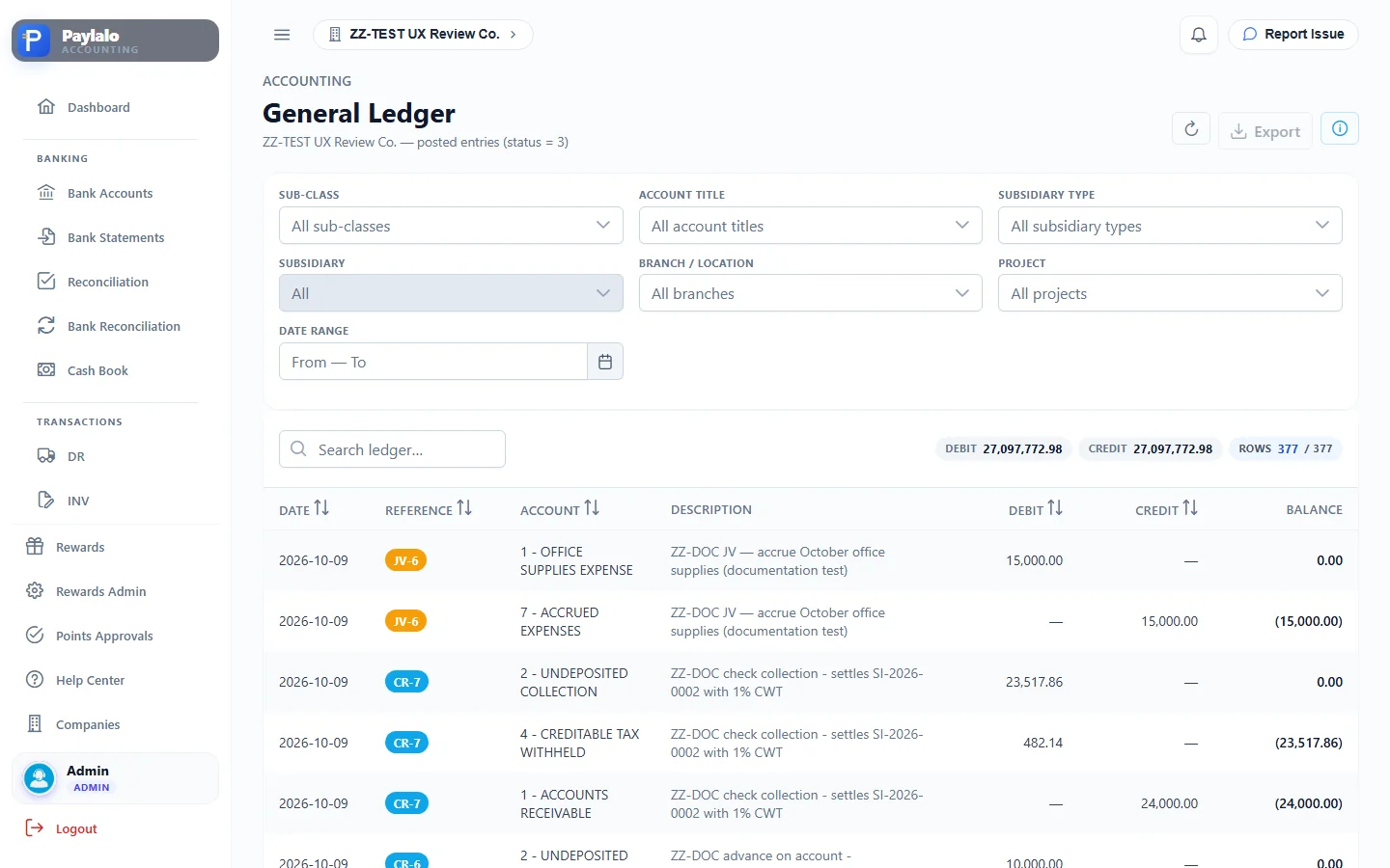 General Ledger showing JV-6