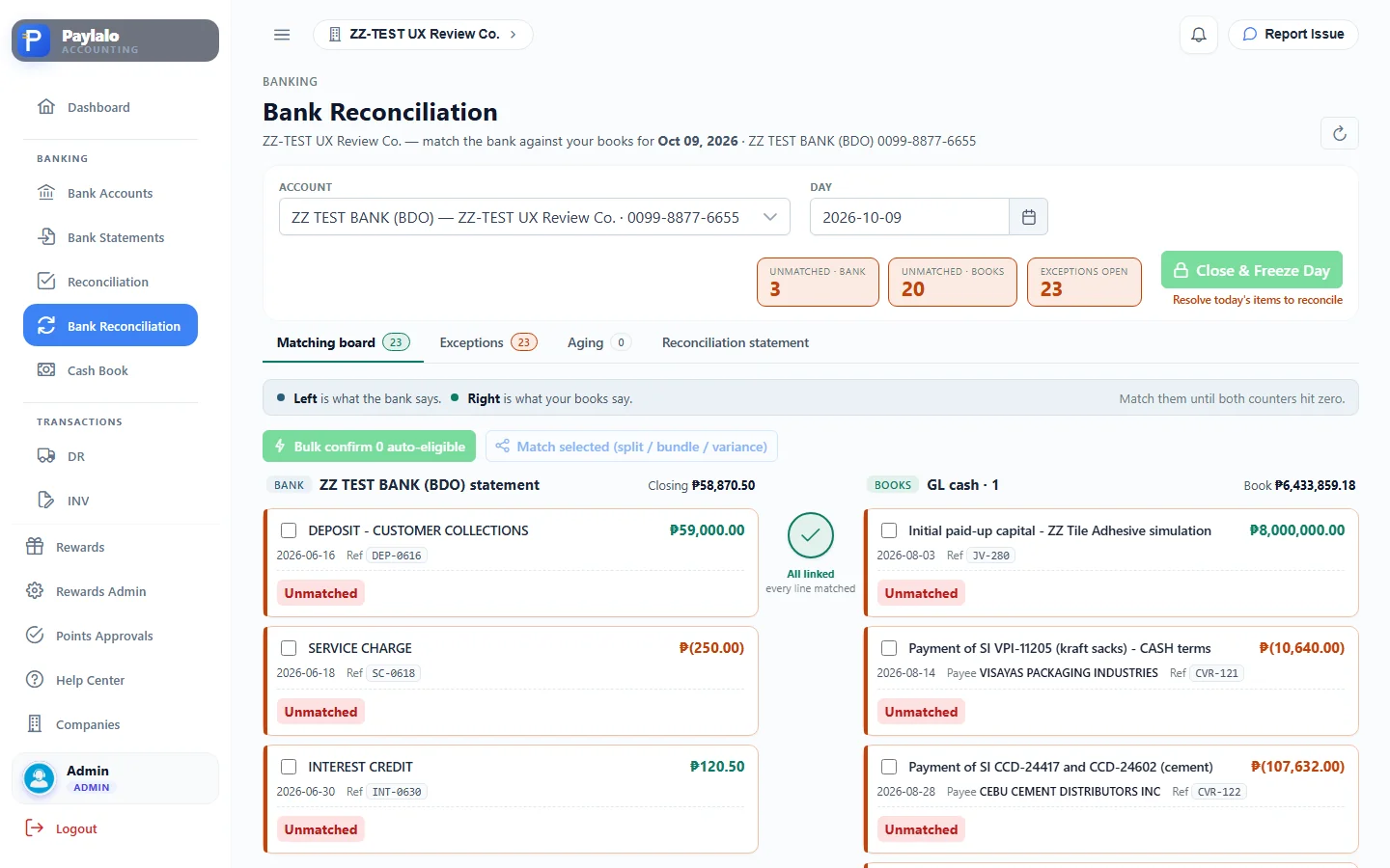 Bank Reconciliation matching board
