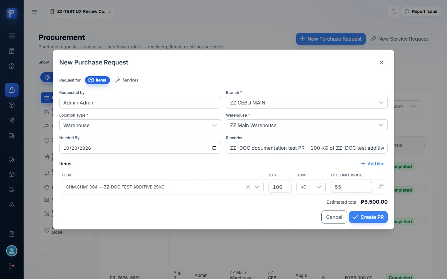 New Purchase Request, filled in