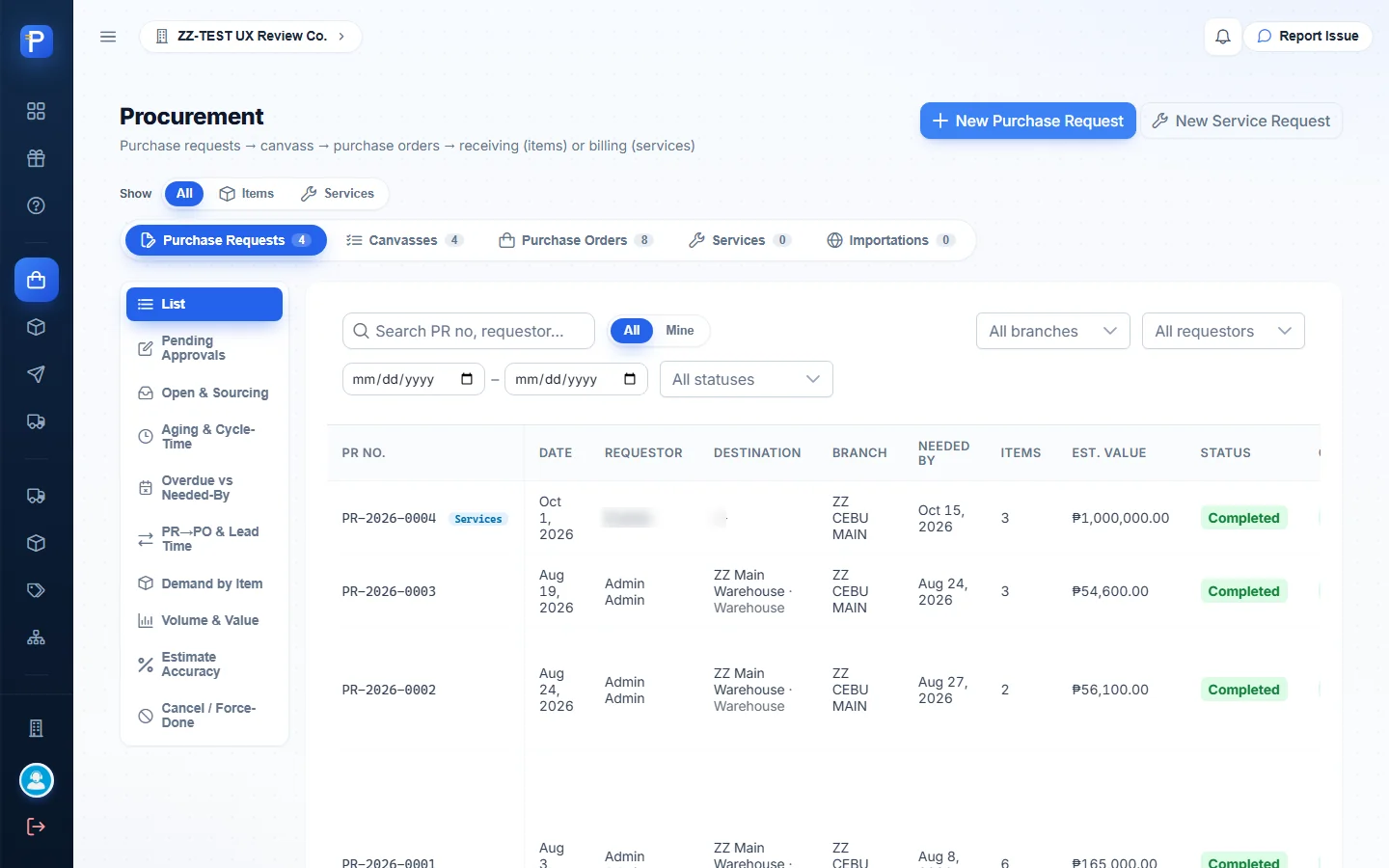 Purchase Requests list