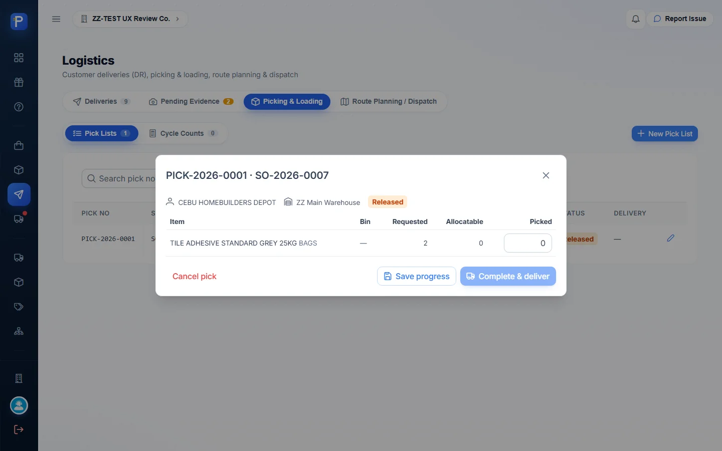 Pick list detail with nothing allocatable and Complete & deliver disabled