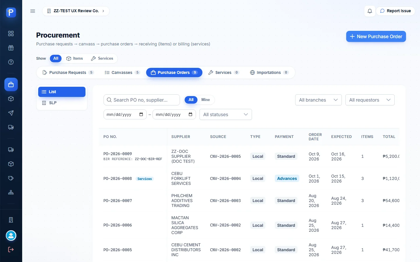 The PO now shows Received and links the RR