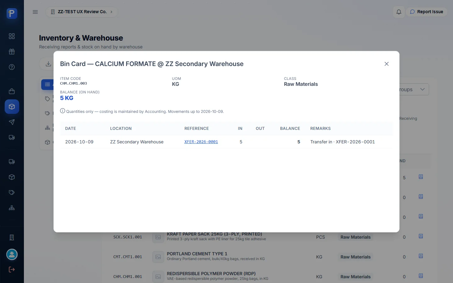 Calcium Formate bin card at the secondary warehouse, showing the transfer in