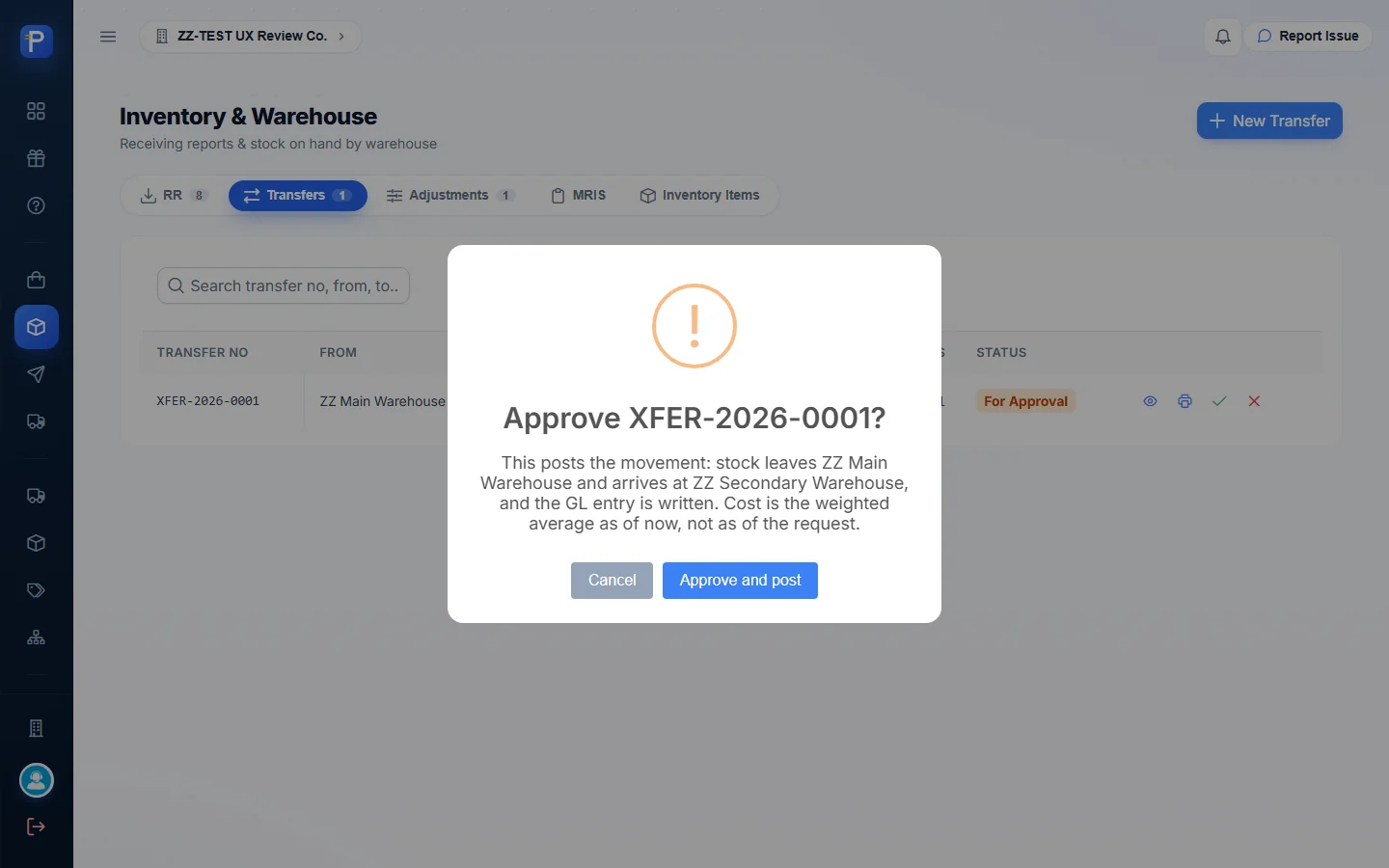 Transfer approve-and-post prompt