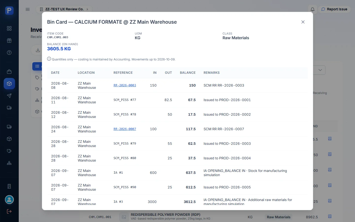 Calcium Formate bin card at the main warehouse