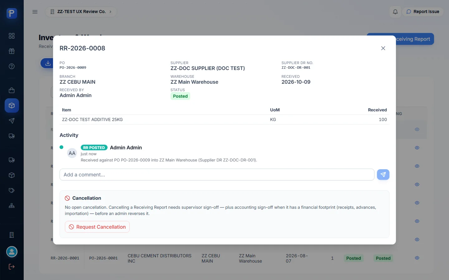 RR detail, posted, with the activity log