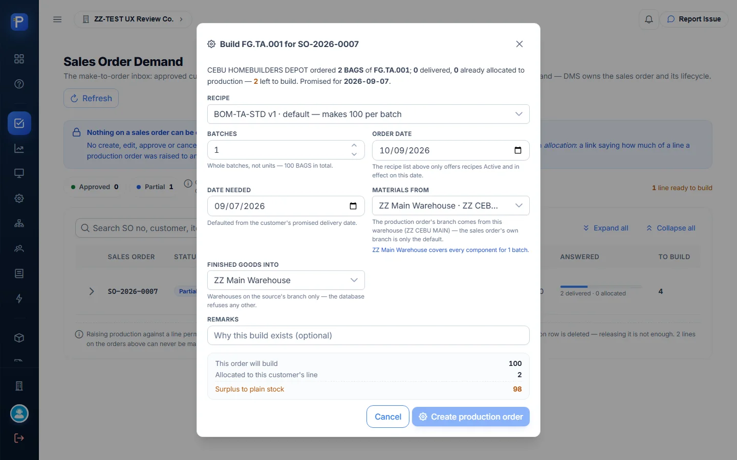 Build dialog as first opened, with a validation message