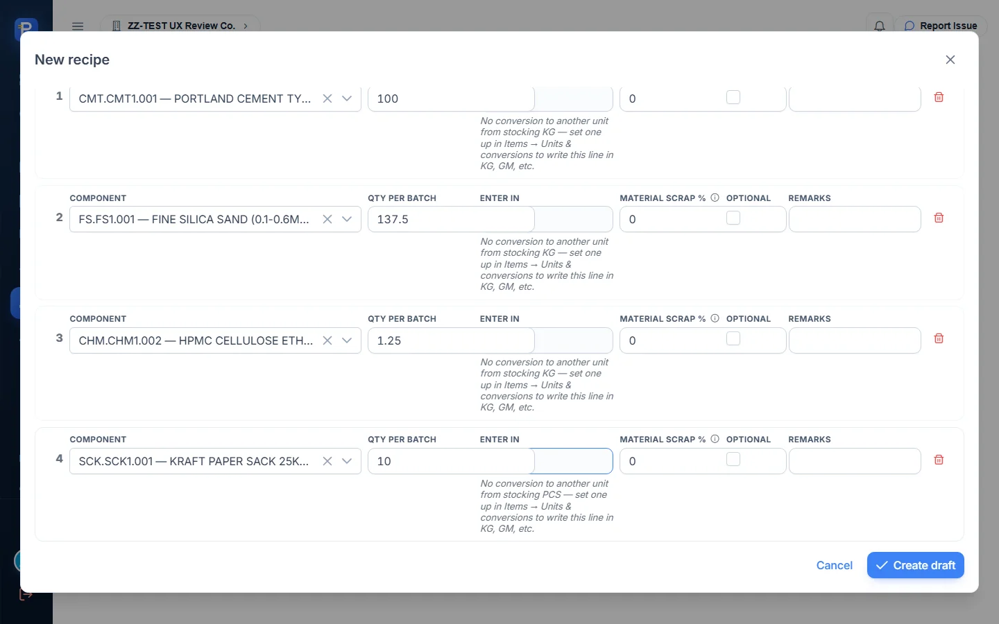 New recipe form with four components per batch of 10 bags