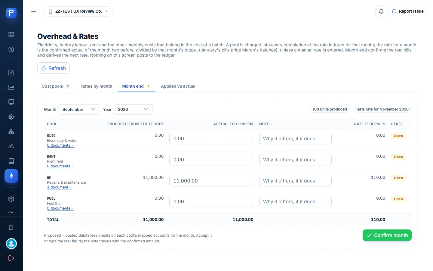 Month end: ledger-proposed actuals per pool, waiting to be confirmed