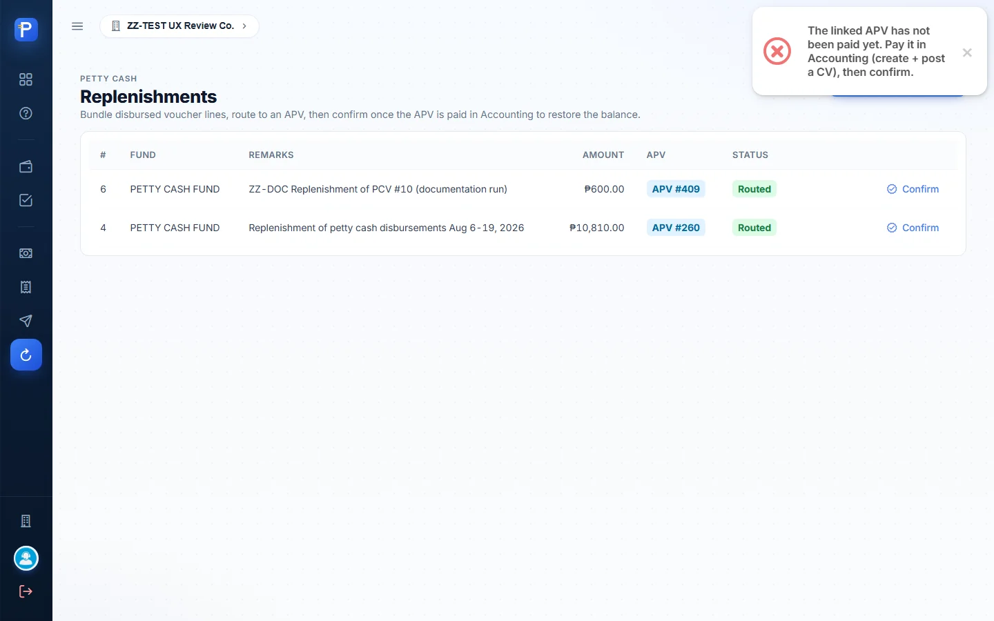 Confirm blocked until Accounting pays the APV