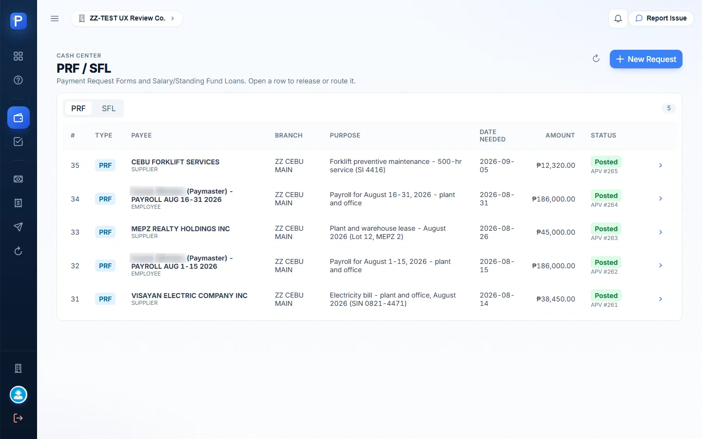 PRF tab: seeded requests already posted to APVs #261 to #265
