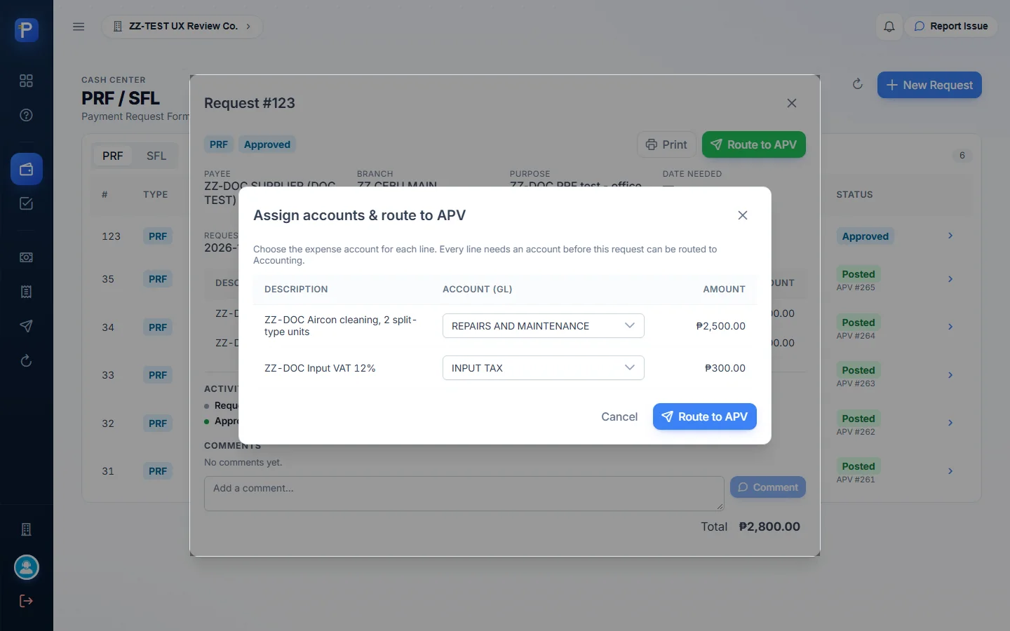 Assign accounts & route to APV: every line needs a GL account