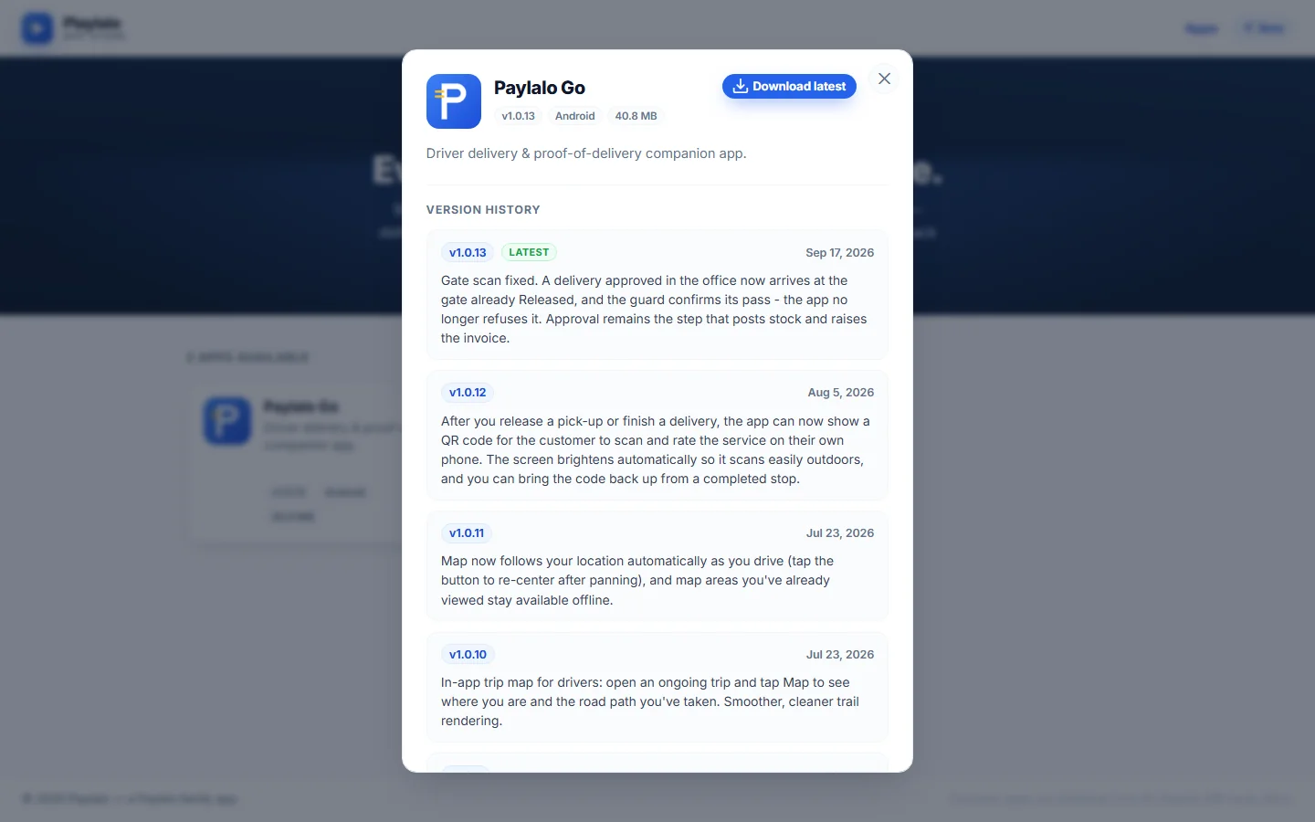 Full Paylalo Go changelog, v1.0.0 to v1.0.13