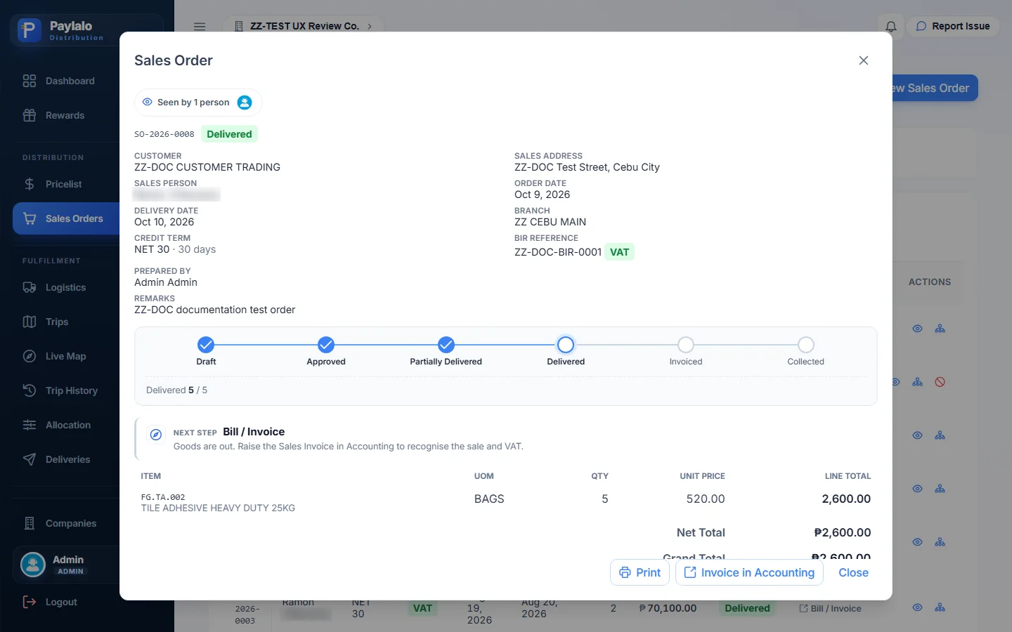 Sales order after delivery, with the DR and invoice in its document tree
