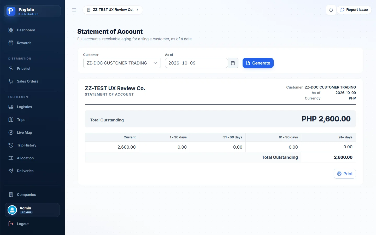 Statement of Account for ZZ-DOC CUSTOMER TRADING