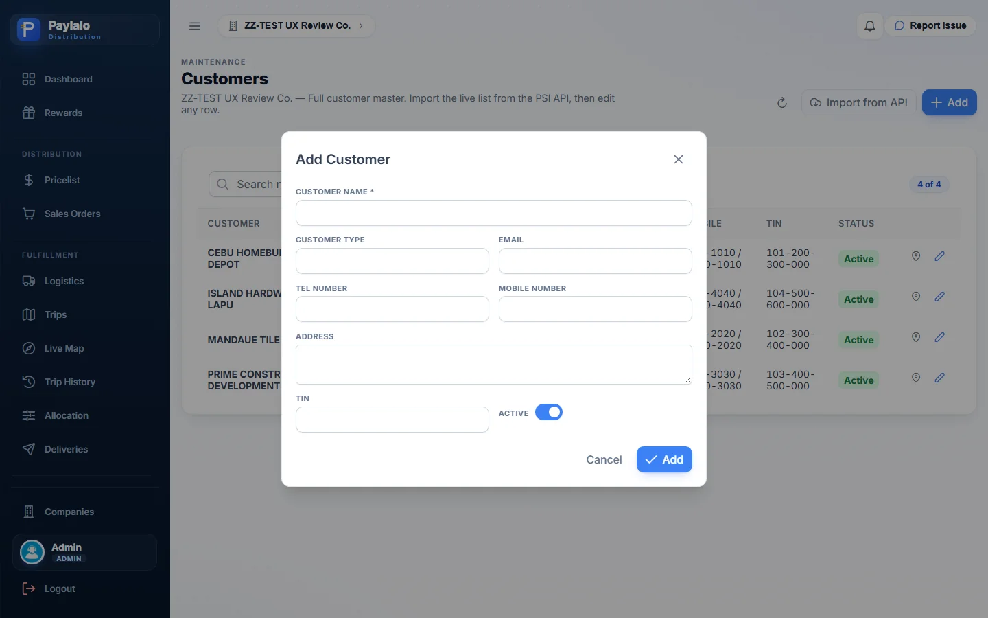 Empty Add Customer dialog