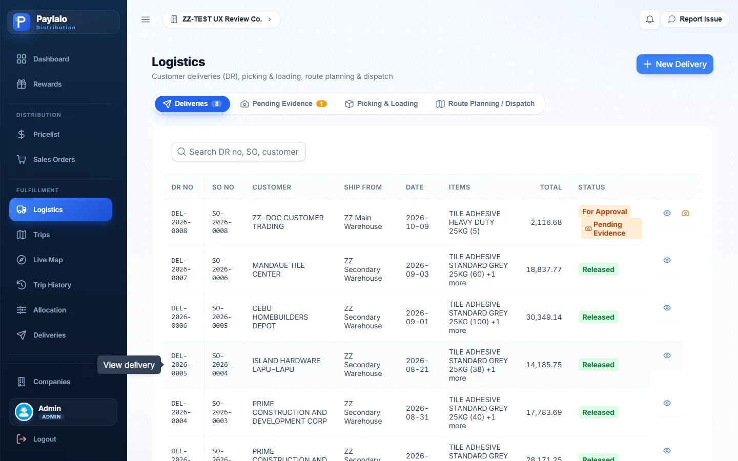 Logistics list with DEL-2026-0008 For Approval