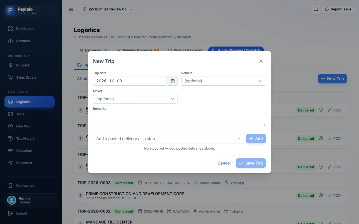 New Trip dialog