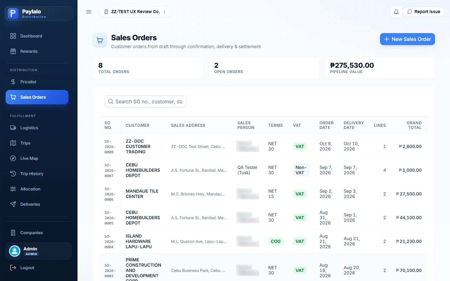 Sales Orders list with SO-2026-0008 in Draft