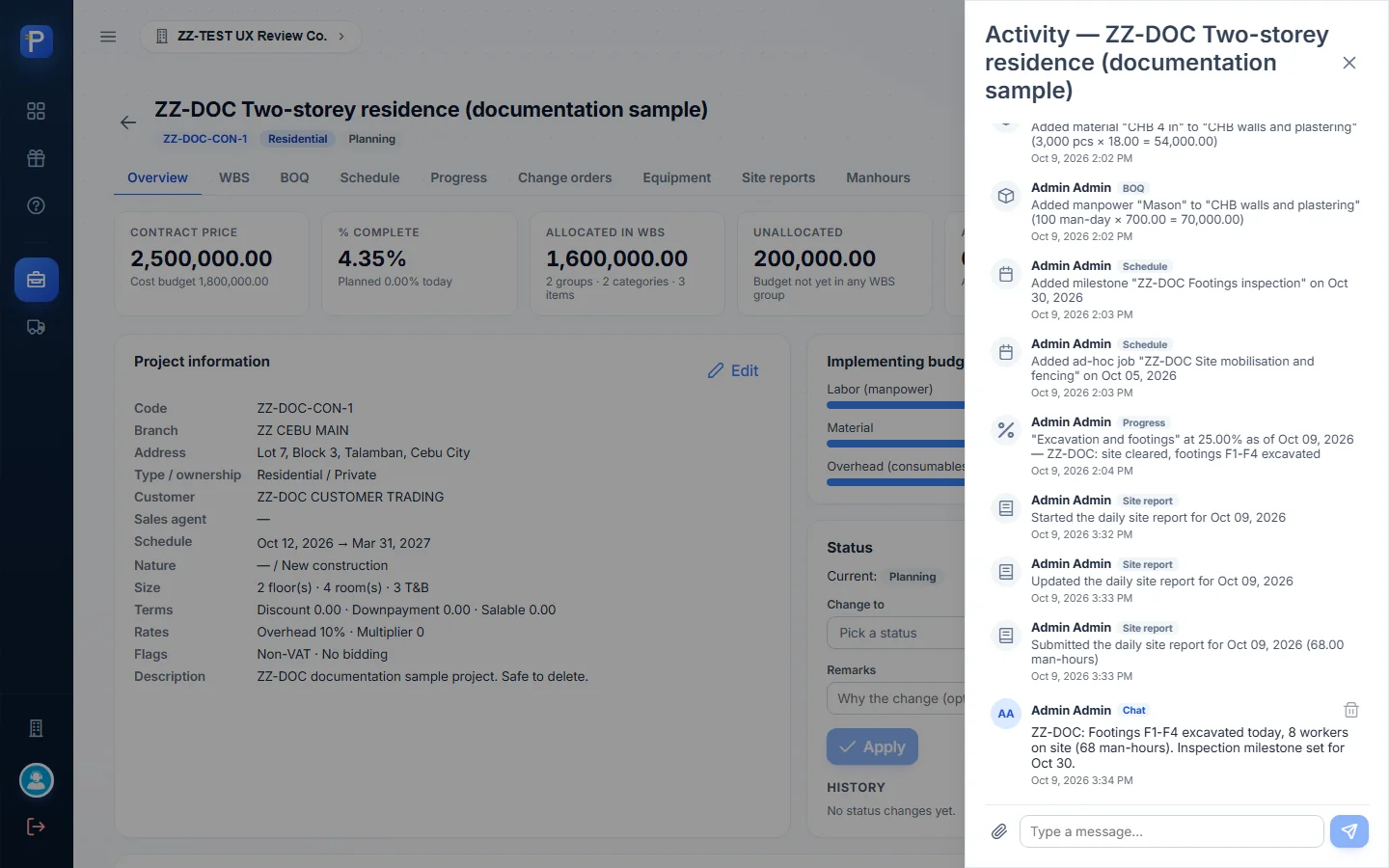 Activity feed with automatic entries and a chat message