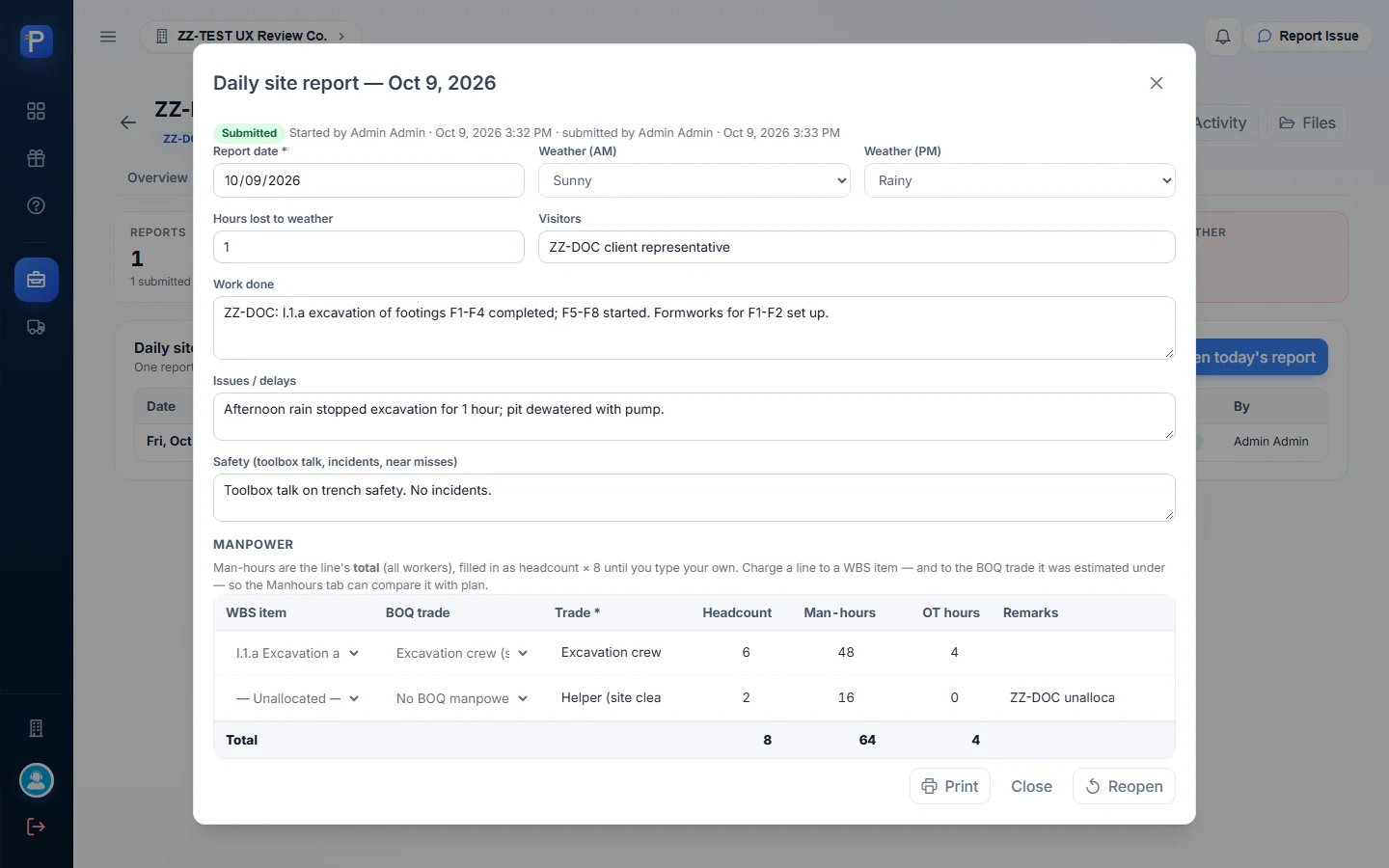 Submitted report, read-only, with Print and Reopen