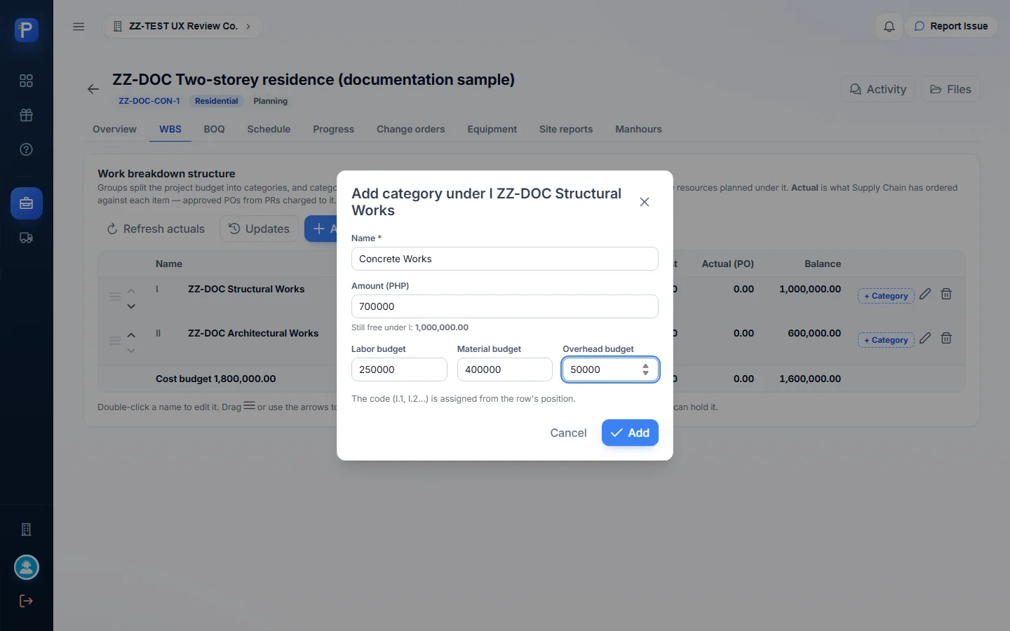 Add category with labour, material and overhead budgets