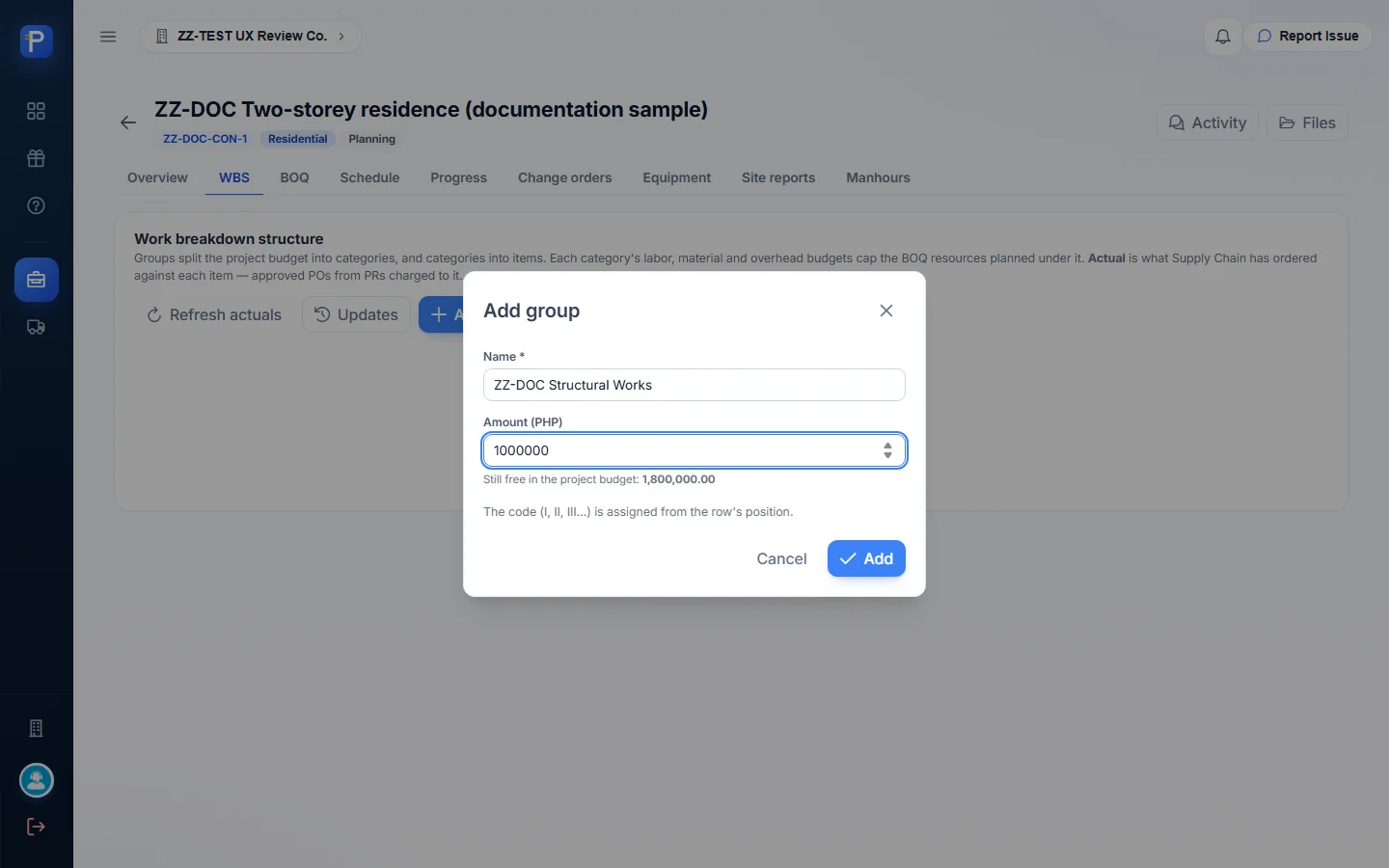 Add group, showing the free budget