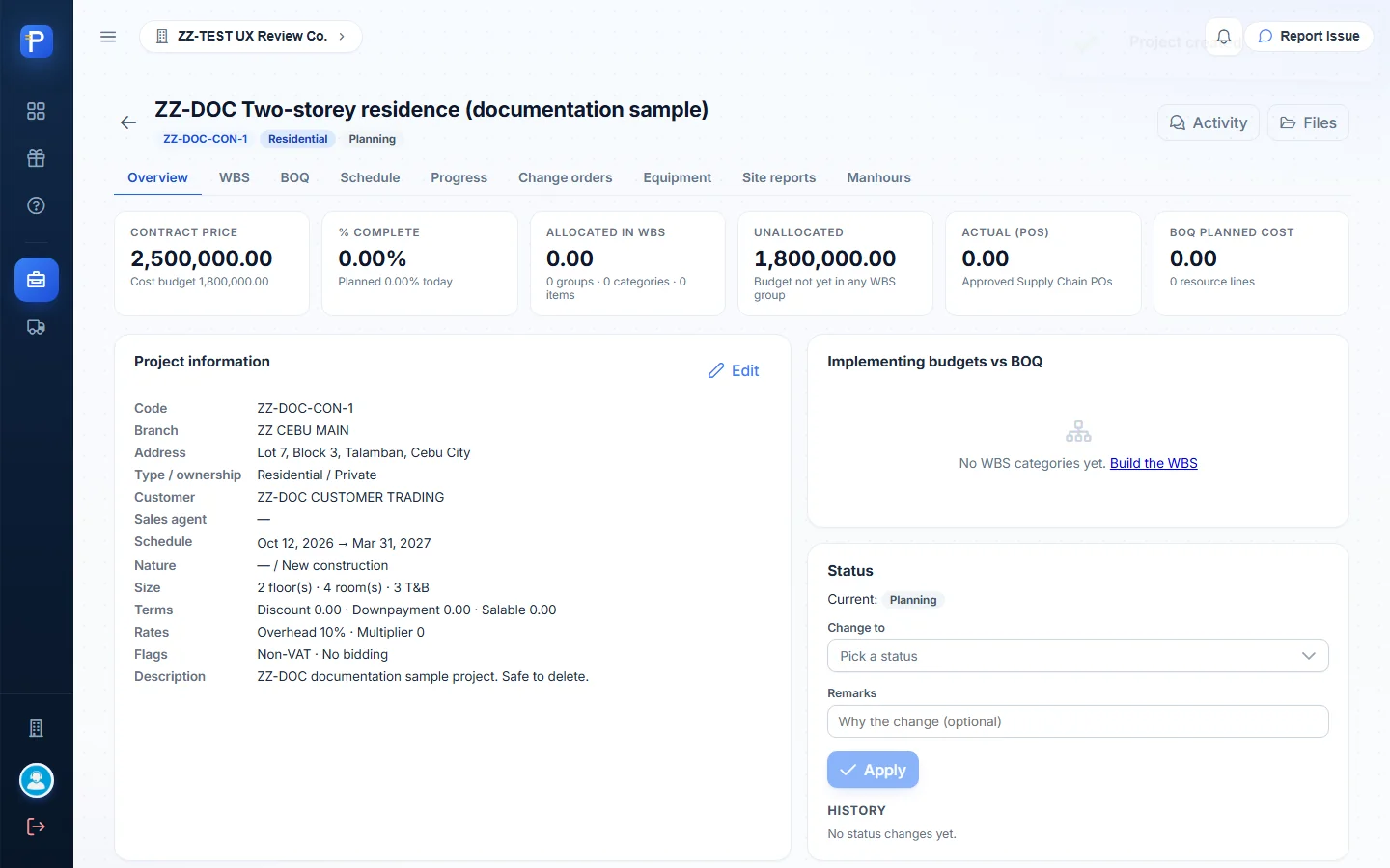 The new project's Overview, status Planning