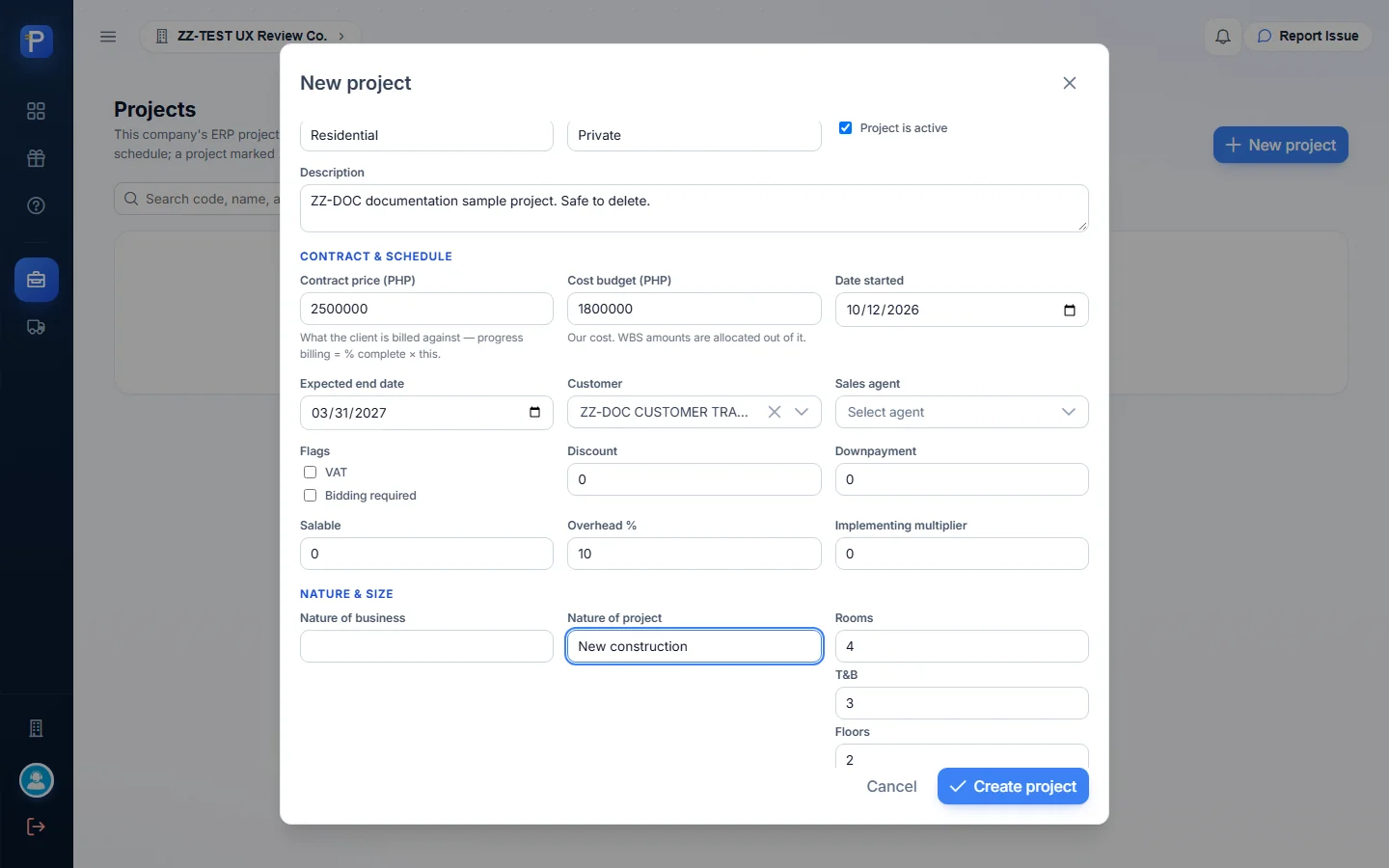 New project form filled in