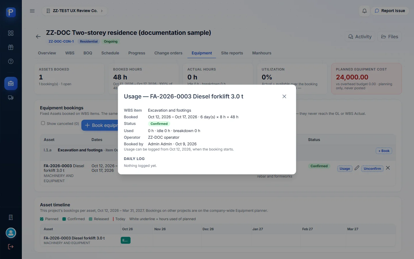 Usage dialog for the confirmed booking