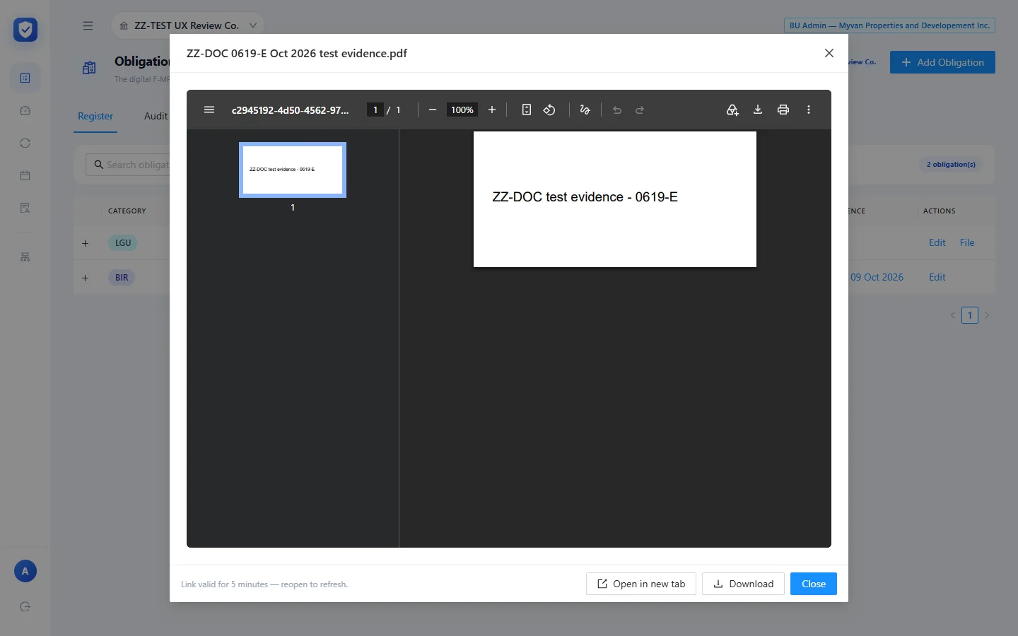 Evidence preview with the 5-minute link notice