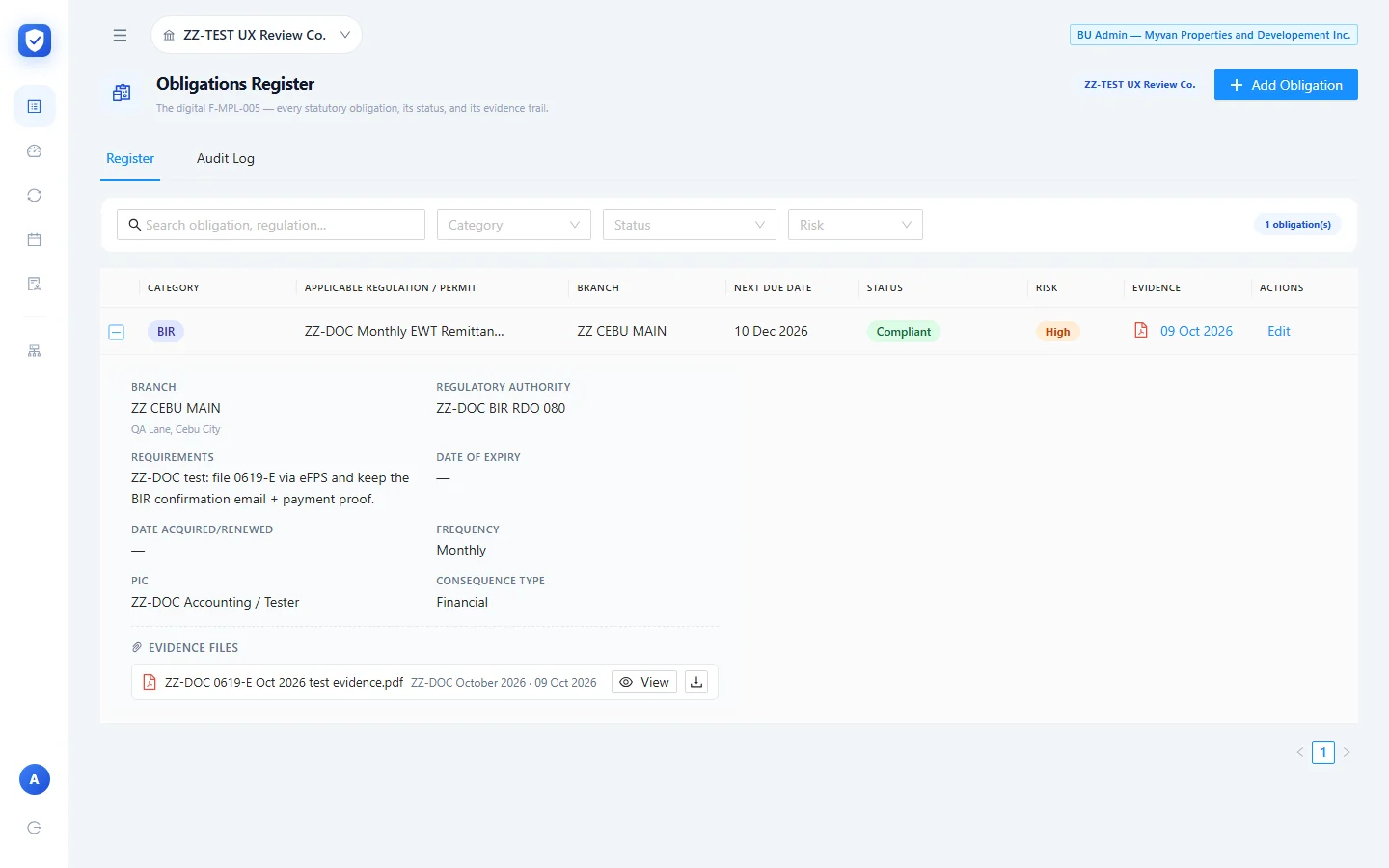 Expanded row with the evidence file, its filing period and upload date