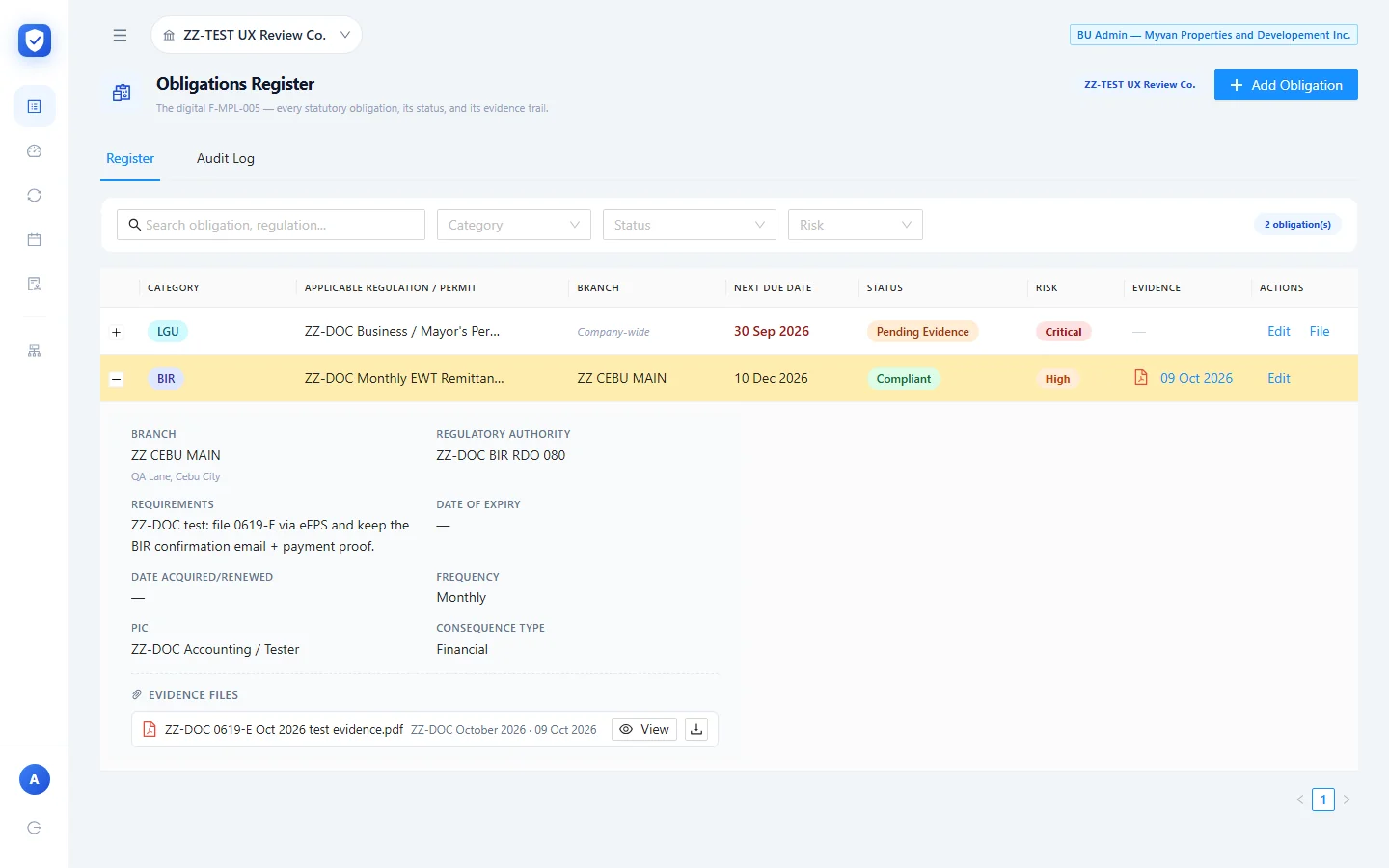 Clicking a calendar entry highlights the obligation in the register