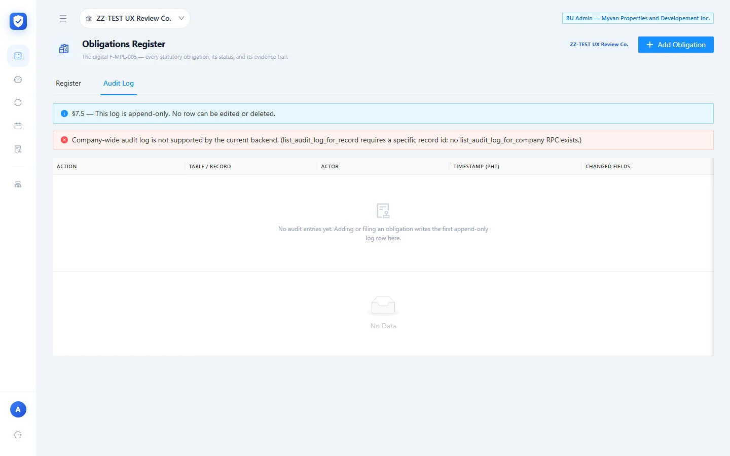 Register Audit Log tab with the backend notice