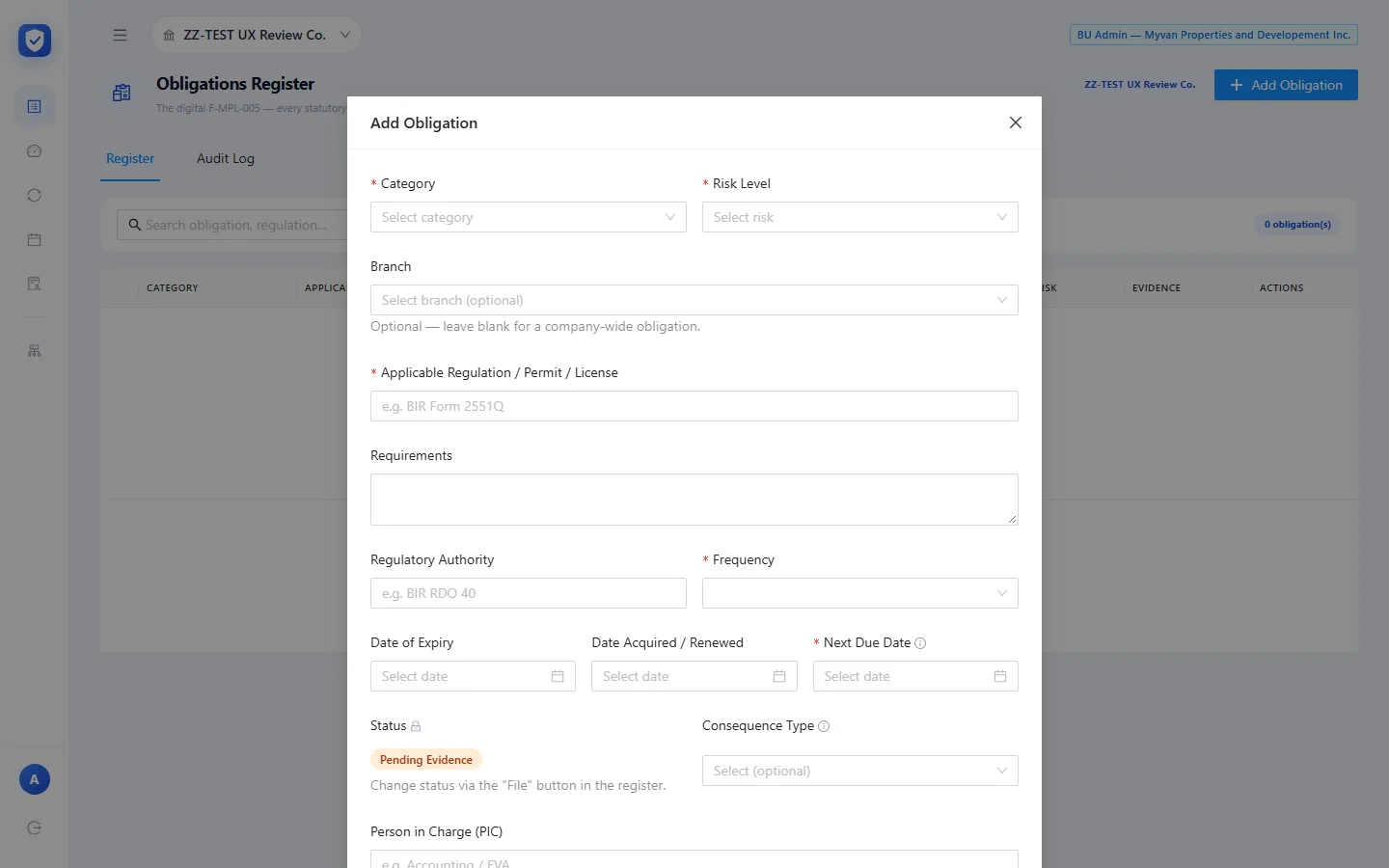 Empty Add Obligation form