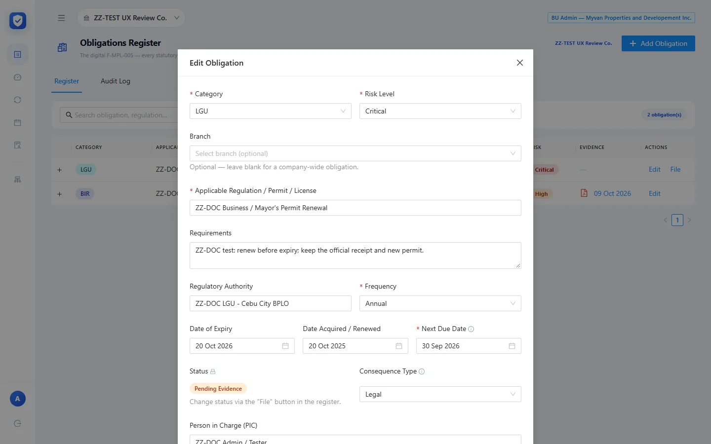 Edit Obligation dialog