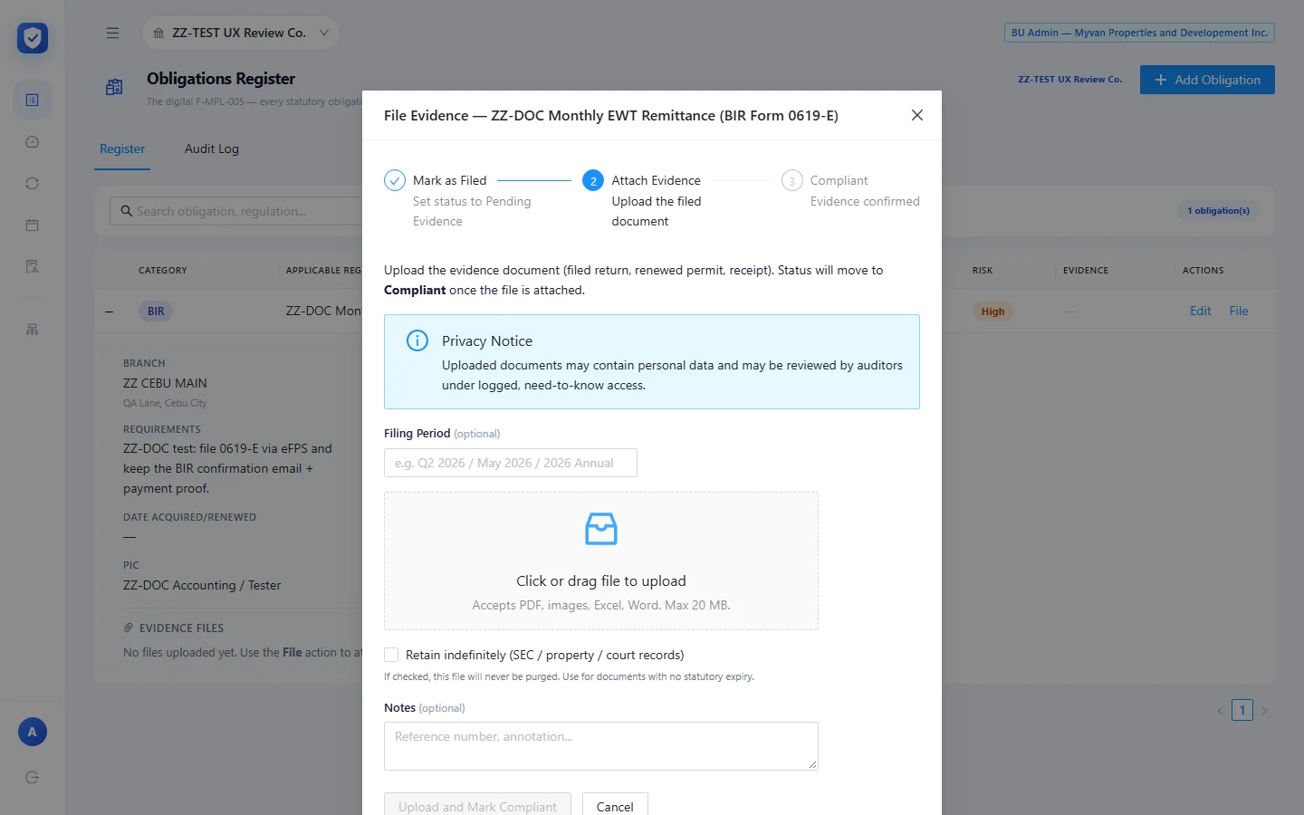 File Evidence dialog on step 2 of 3